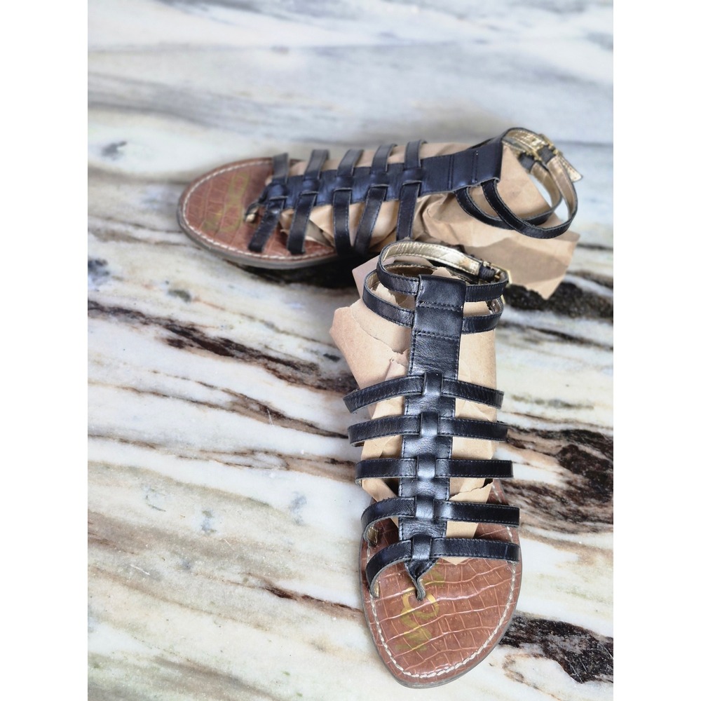 Sam Edelman Gilda Black Leather Gladiator Sandals Strappy Flat Thong‎ Buckle 8M